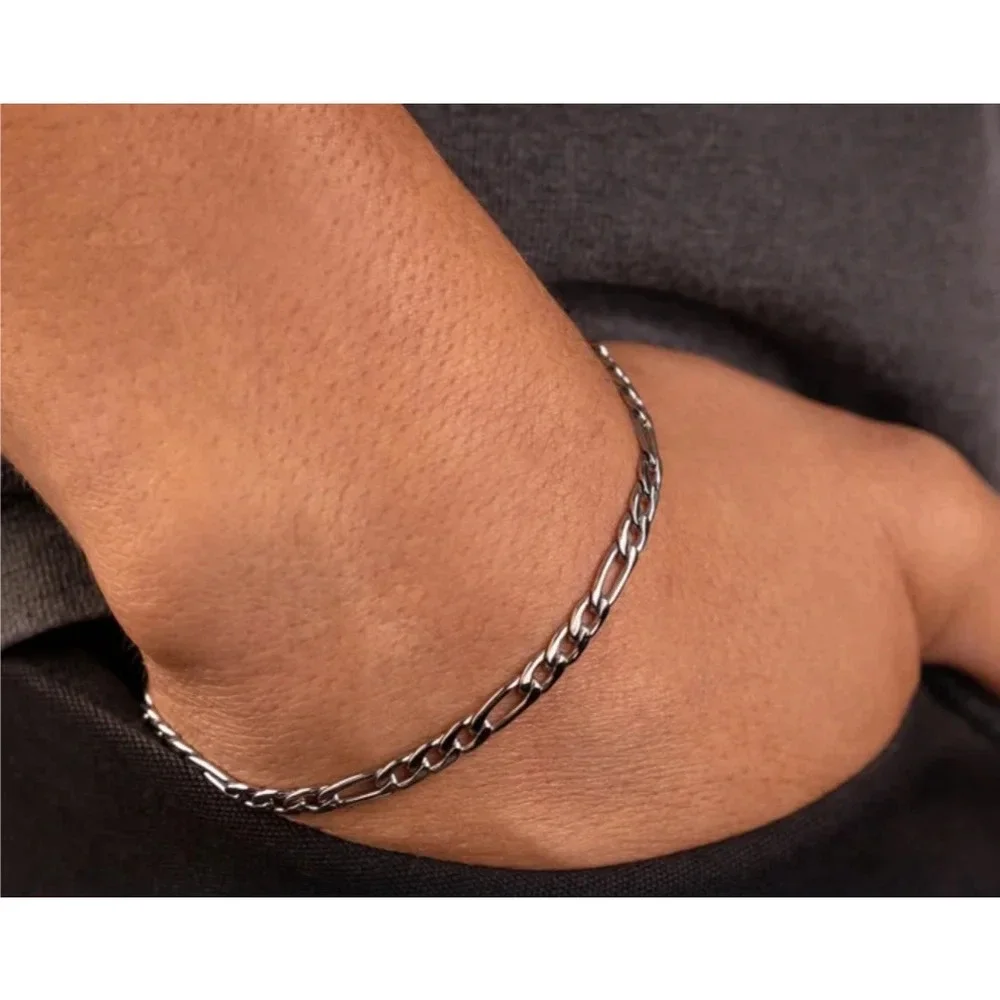 NEW Rhodium Plated 925 Sterling Silver‎ Figaro Chain Bracelet, 8”